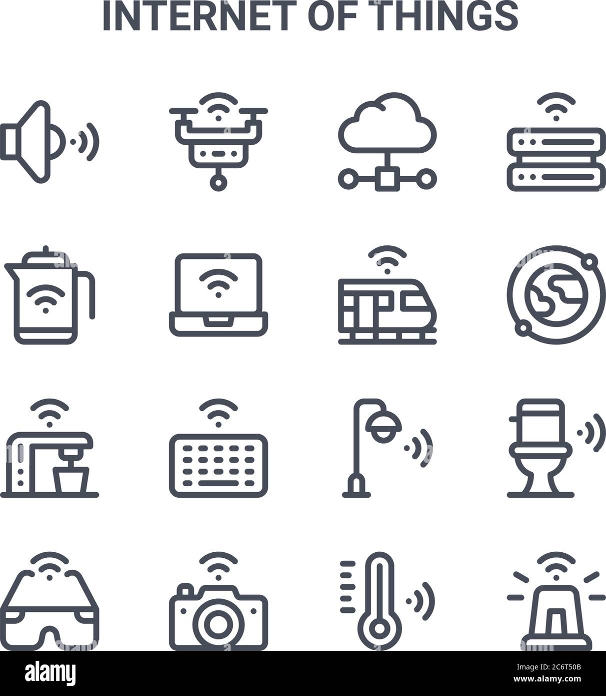 set of 16 internet of things concept vector line icons. 64x64 thin stroke icons such as smart drone, kettle, satellite, street light, camera, siren, s Stock Vector