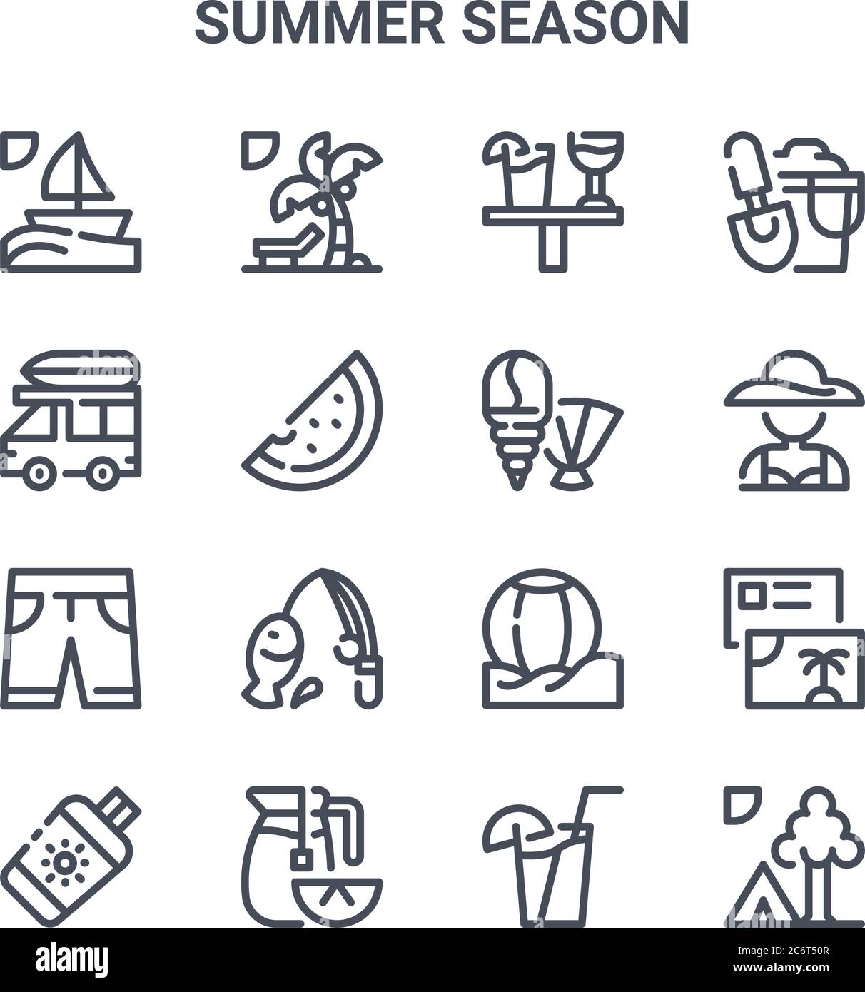 set of 16 summer season concept vector line icons. 64x64 thin stroke icons such as island, car, woman, ball, lemon tea, camp, juice, shell, spade Stock Vector