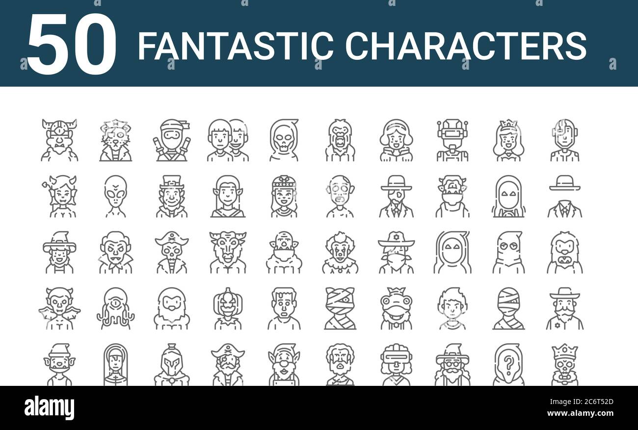 set of 50 fantastic characters icons. outline thin line icons such as skeleton, goblin, devil, wizard, succubus, pirate, clown Stock Vector
