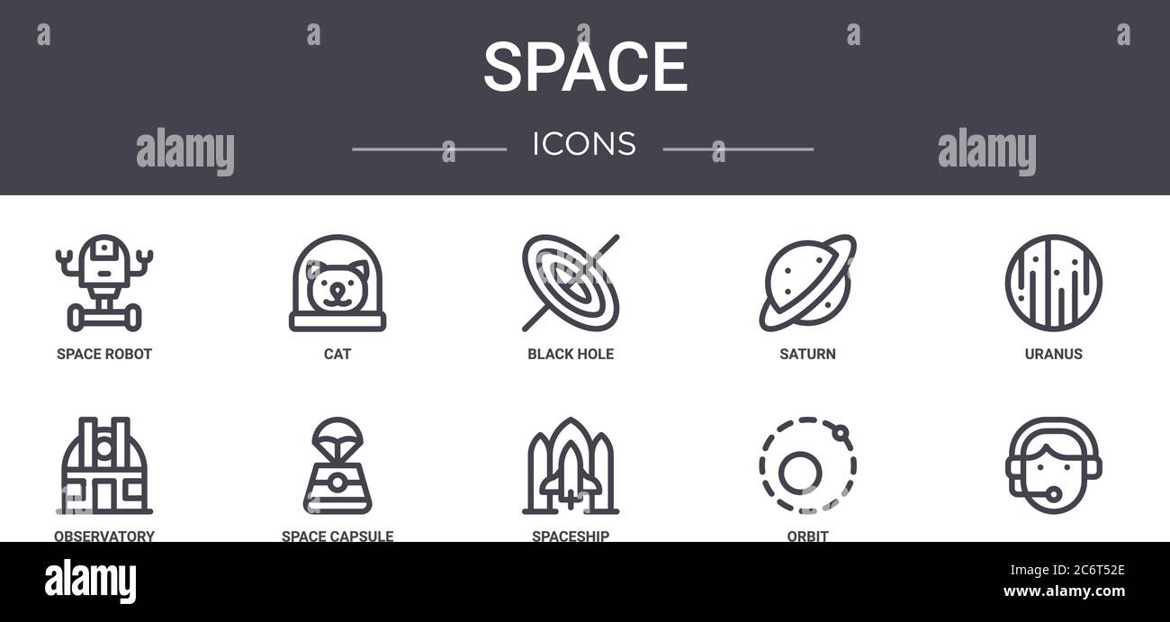 space concept line icons set. contains icons usable for web, logo, ui/ux such as cat, saturn, observatory, spaceship, orbit, , uranus, black hole Stock Vector