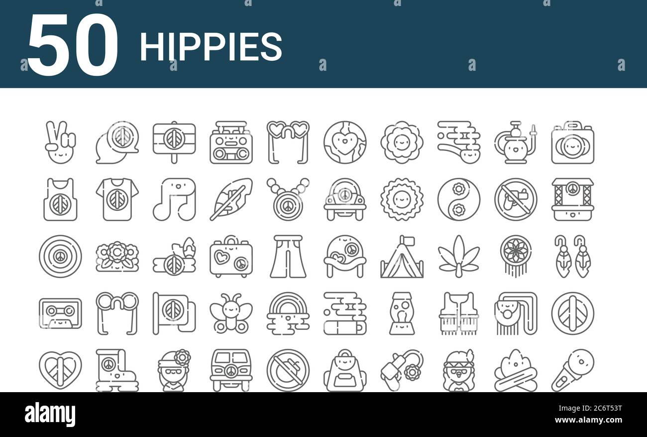 set of 50 hippies icons. outline thin line icons such as microphone ...