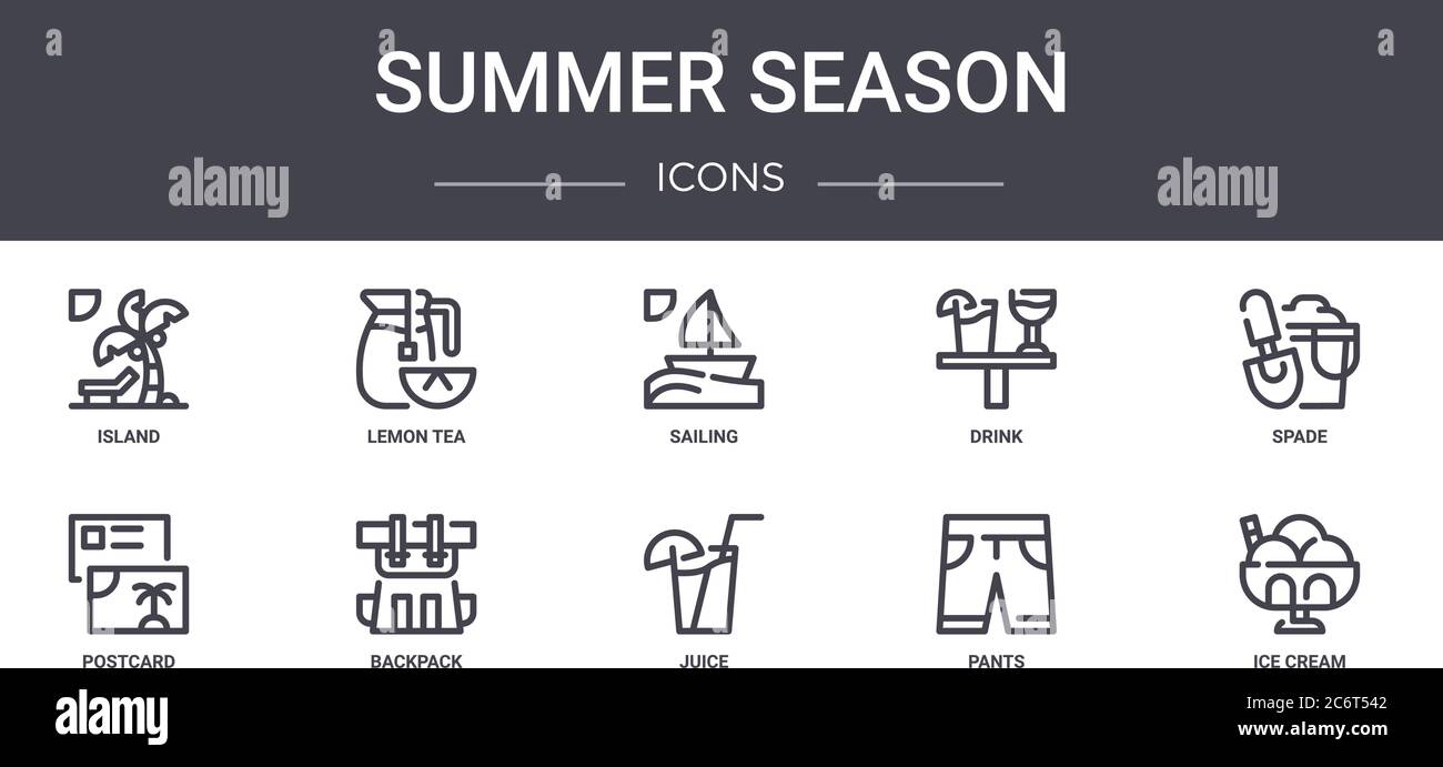 summer season concept line icons set. contains icons usable for web, logo, ui/ux such as lemon tea, drink, postcard, juice, pants, ice cream, spade, s Stock Vector