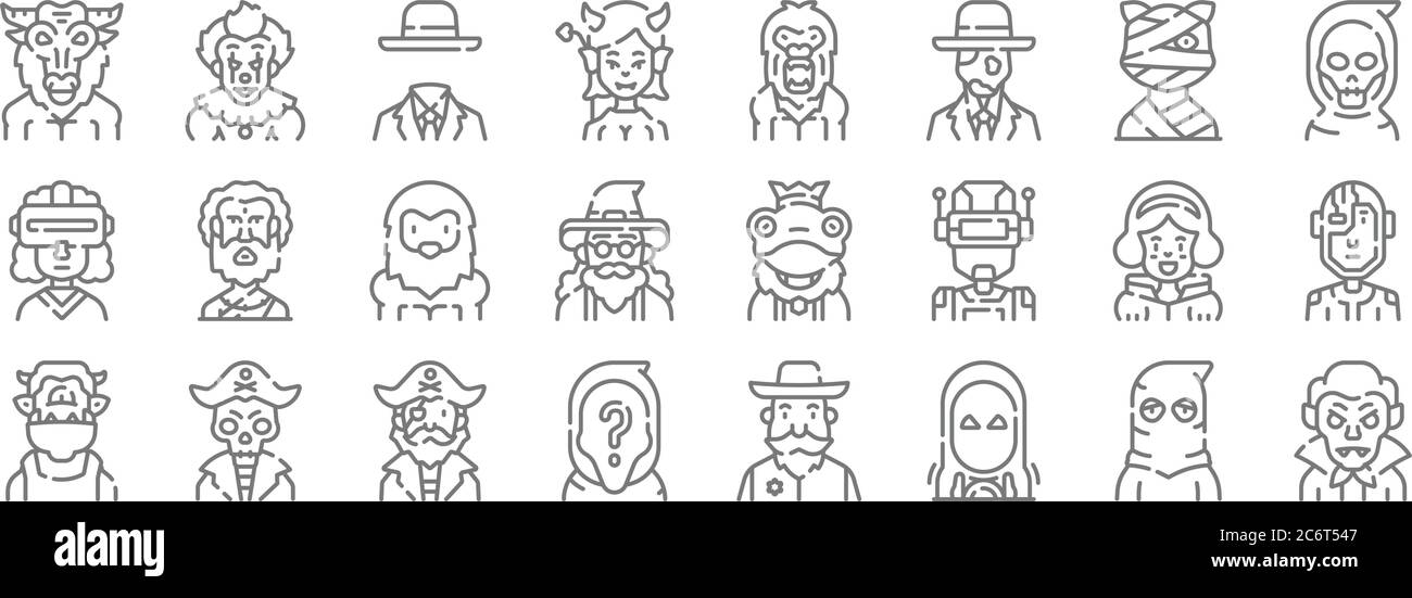 fantastic characters line icons. linear set. quality vector line set such as vampire, wizard, anonymous, ogre, princess, bigfoot, reaper, bigfoot, clo Stock Vector