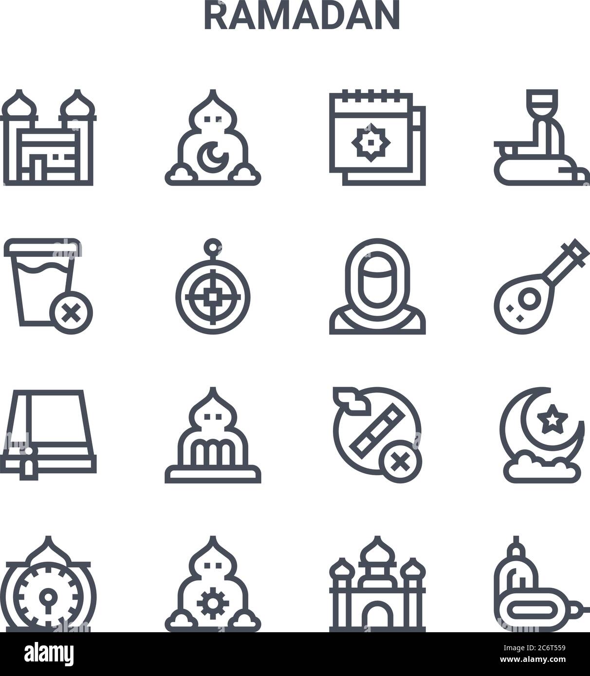 set of 16 ramadan concept vector line icons. 64x64 thin stroke icons such as isha, fasting, lute, no smoking, dzuhur, dates, mosque, muslim, salah Stock Vector