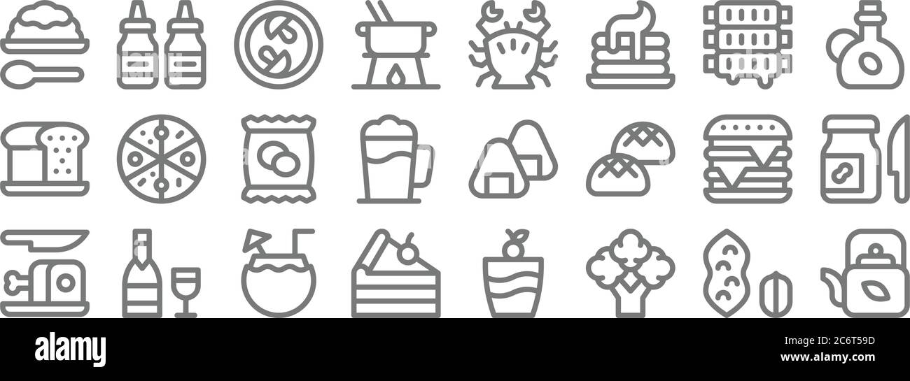 gastronomy line icons. linear set. quality vector line set such as teapot, broccoli, cake piece, ham leg, burger, potato chips, olive oil, crab, sauce Stock Vector