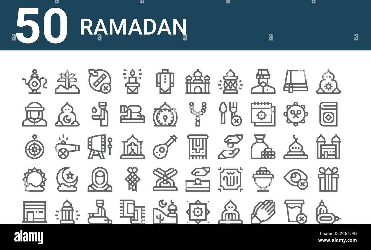 set of 50 ramadan icons. outline thin line icons such as dates, kaaba, sun, qibla, muslim, palm tree, carpet Stock Vector