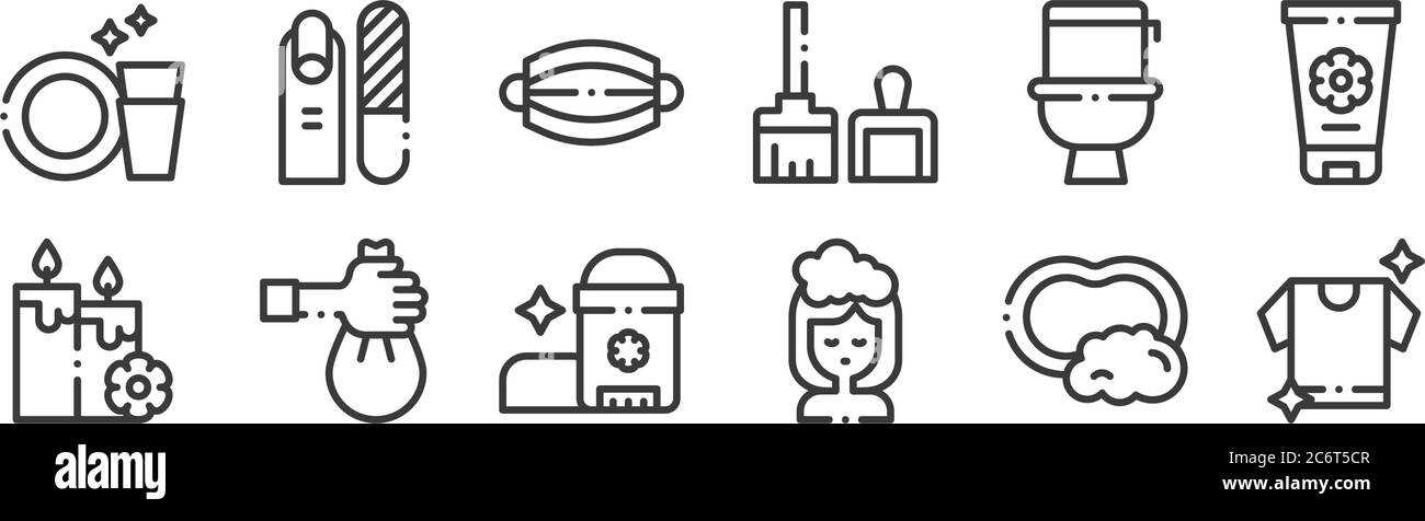 12 set of linear hygiene routine icons. thin outline icons such as t ...