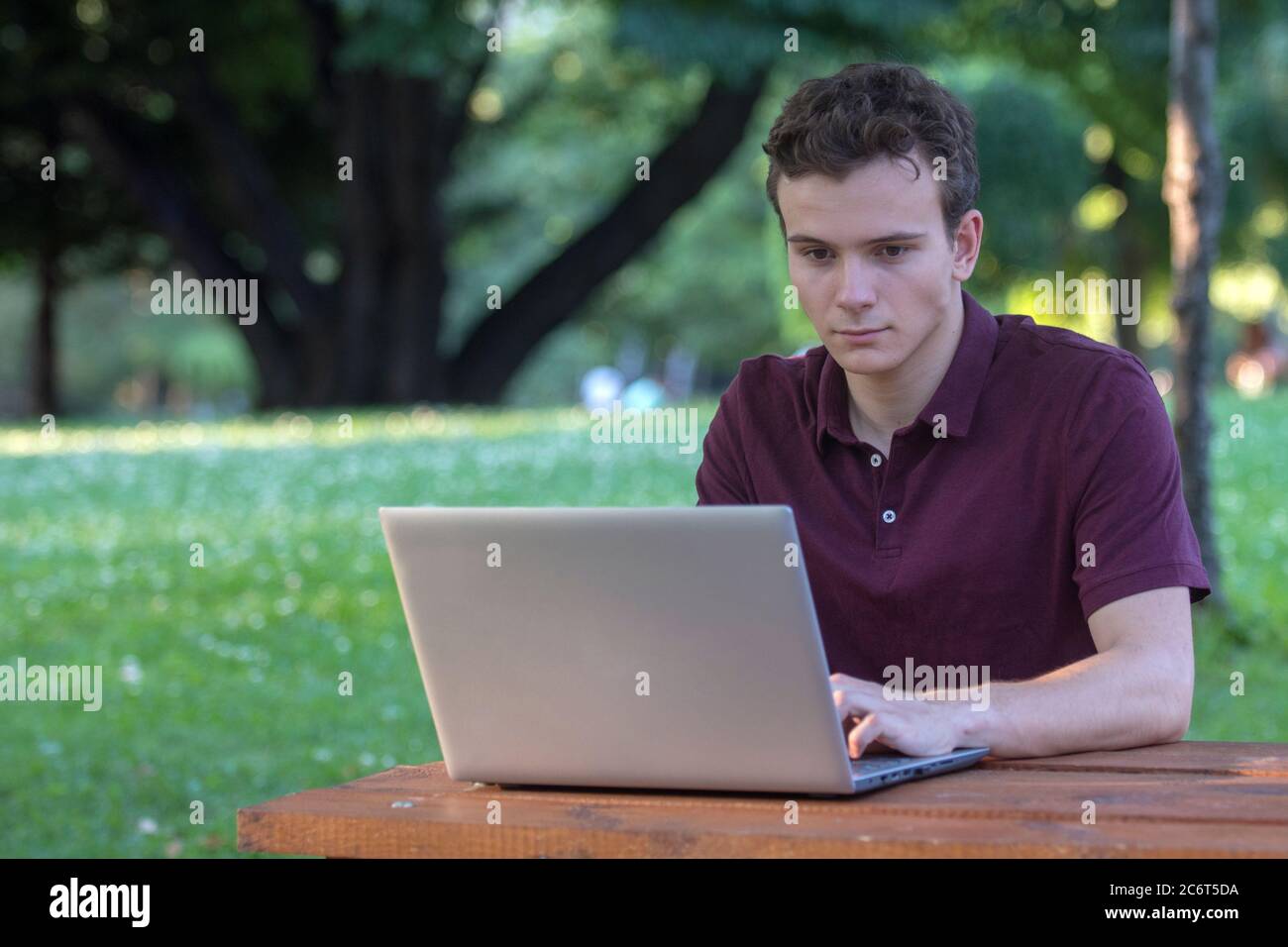 Young Man using a Laptop in the Park Stock Photo