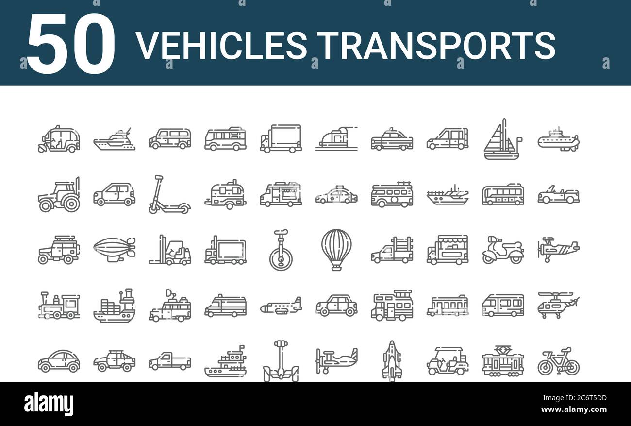 set of 50 vehicles transports icons. outline thin line icons such as ...