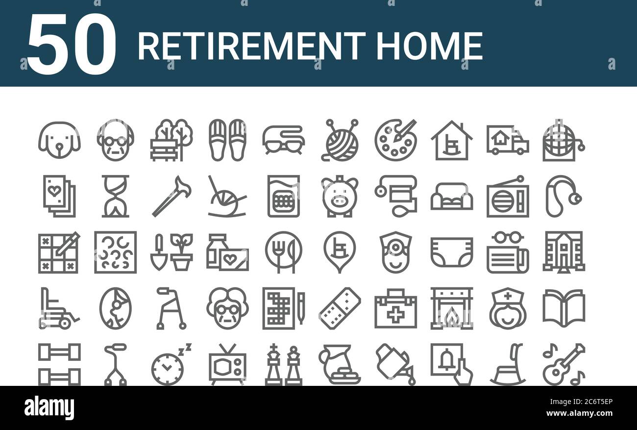 Set Of 50 Retirement Home Icons Outline Thin Line Icons Such As Guitar Gym Wheel Chair Sudoku Playing Cards Old People Retirement Home Wool P Stock Vector Image Art Alamy