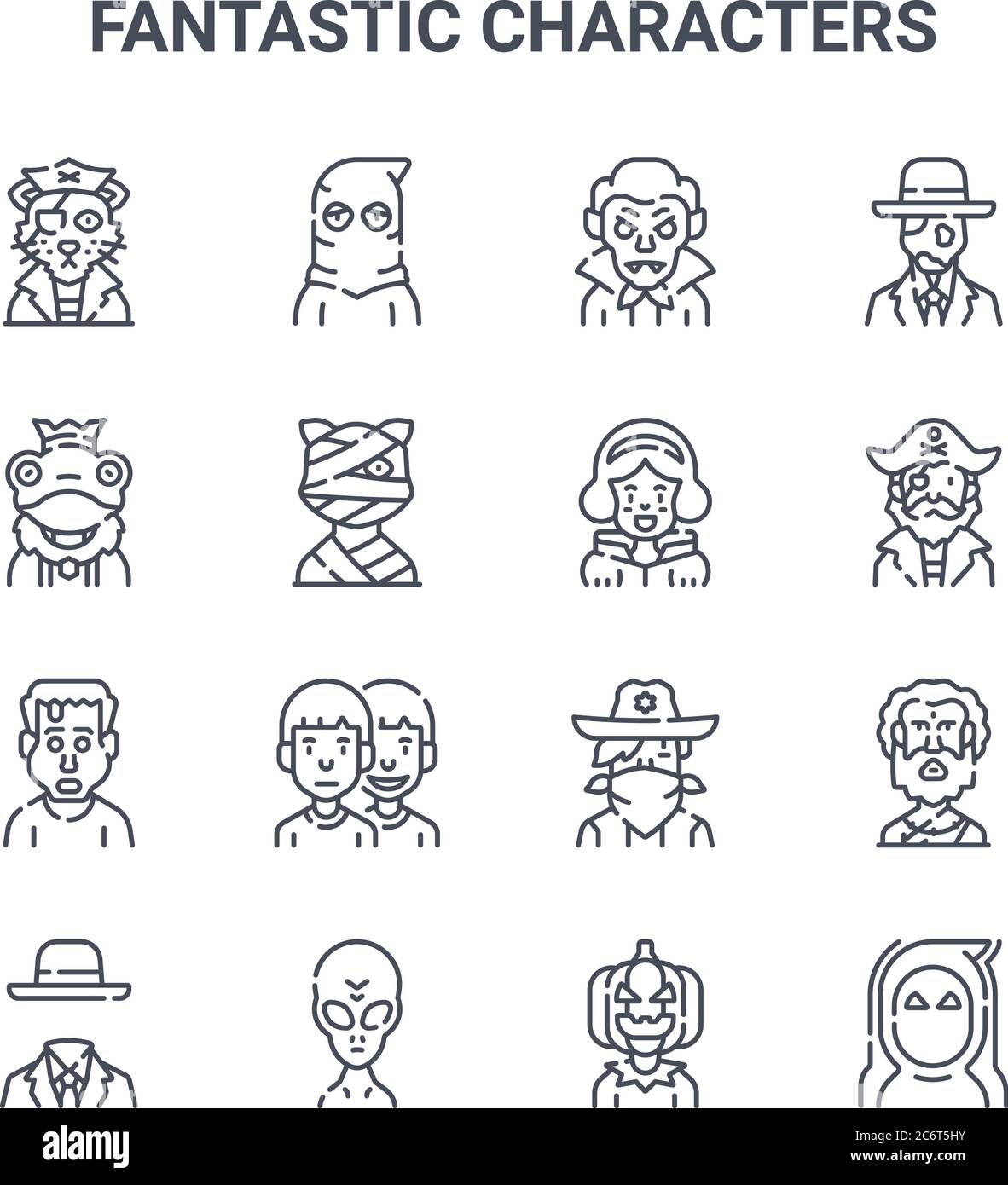 set of 16 fantastic characters concept vector line icons. 64x64 thin stroke icons such as executioner, frog prince, pirate, cowboy, alien, wraith, jac Stock Vector