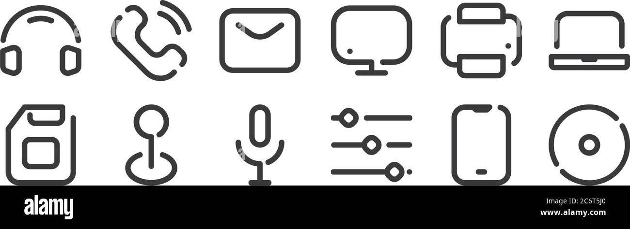 12 set of linear multimedia icons. thin outline icons such as compact ...
