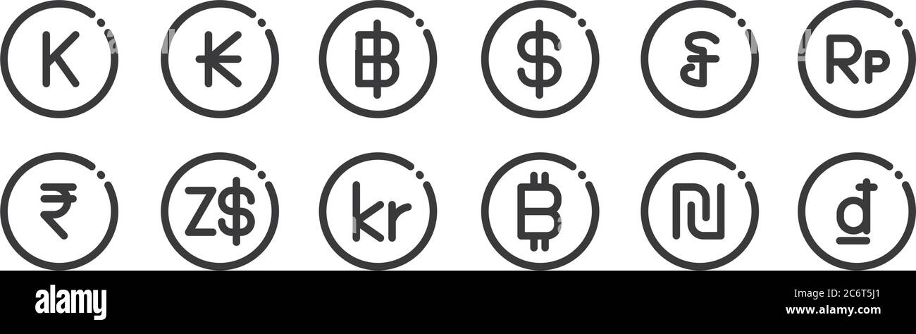12 set of linear currency icons. thin outline icons such as vietnam, bitcoin, dollar, riel, thai baht, myanmar for web, mobile Stock Vector