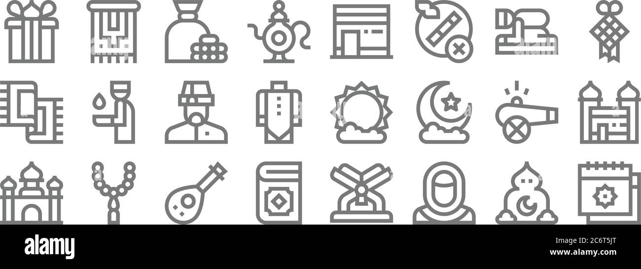 ramadan line icons. linear set. quality vector line set such as calendar, muslim, quran, mosque, cannon, muslim, diamond, kaaba, carpet Stock Vector