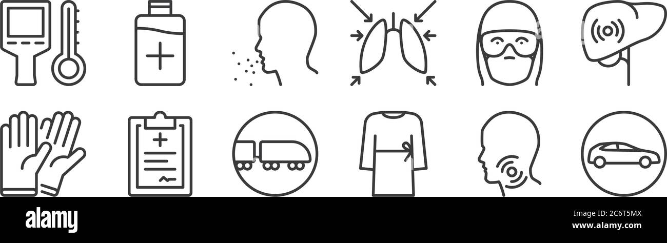 12 set of linear stop virus icons. thin outline icons such as car, robe ...