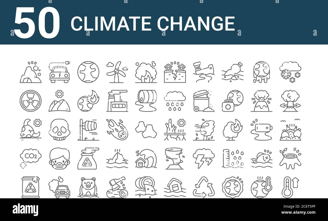 set of 50 climate change icons. outline thin line icons such as temperature, nuclear, co, bull, nuclear, electric car, drought Stock Vector