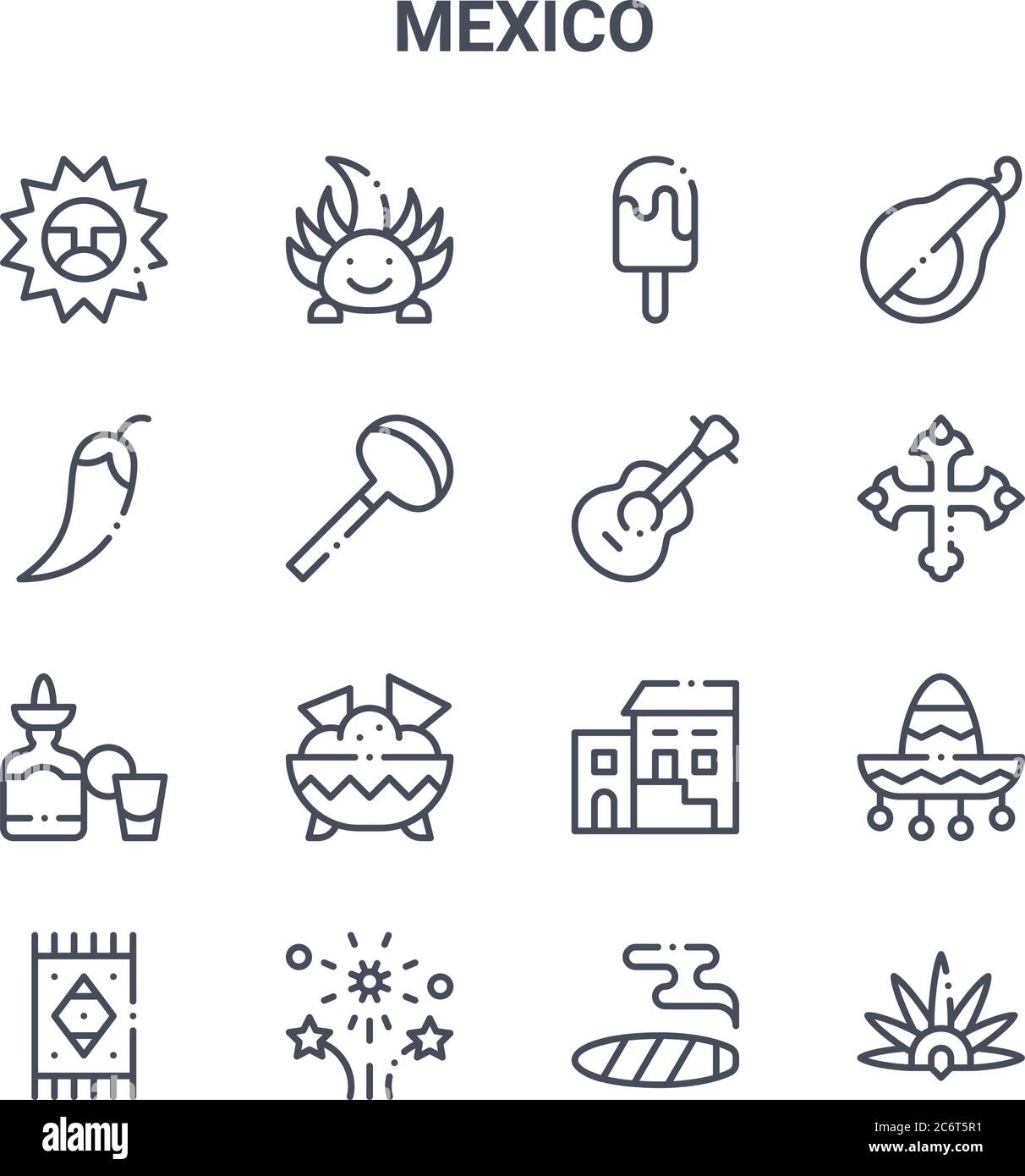 set of 16 mexico concept vector line icons. 64x64 thin stroke icons such as ajolote, chilli, cross, traditional, fireworks, headdress, cigar, guitar, Stock Vector