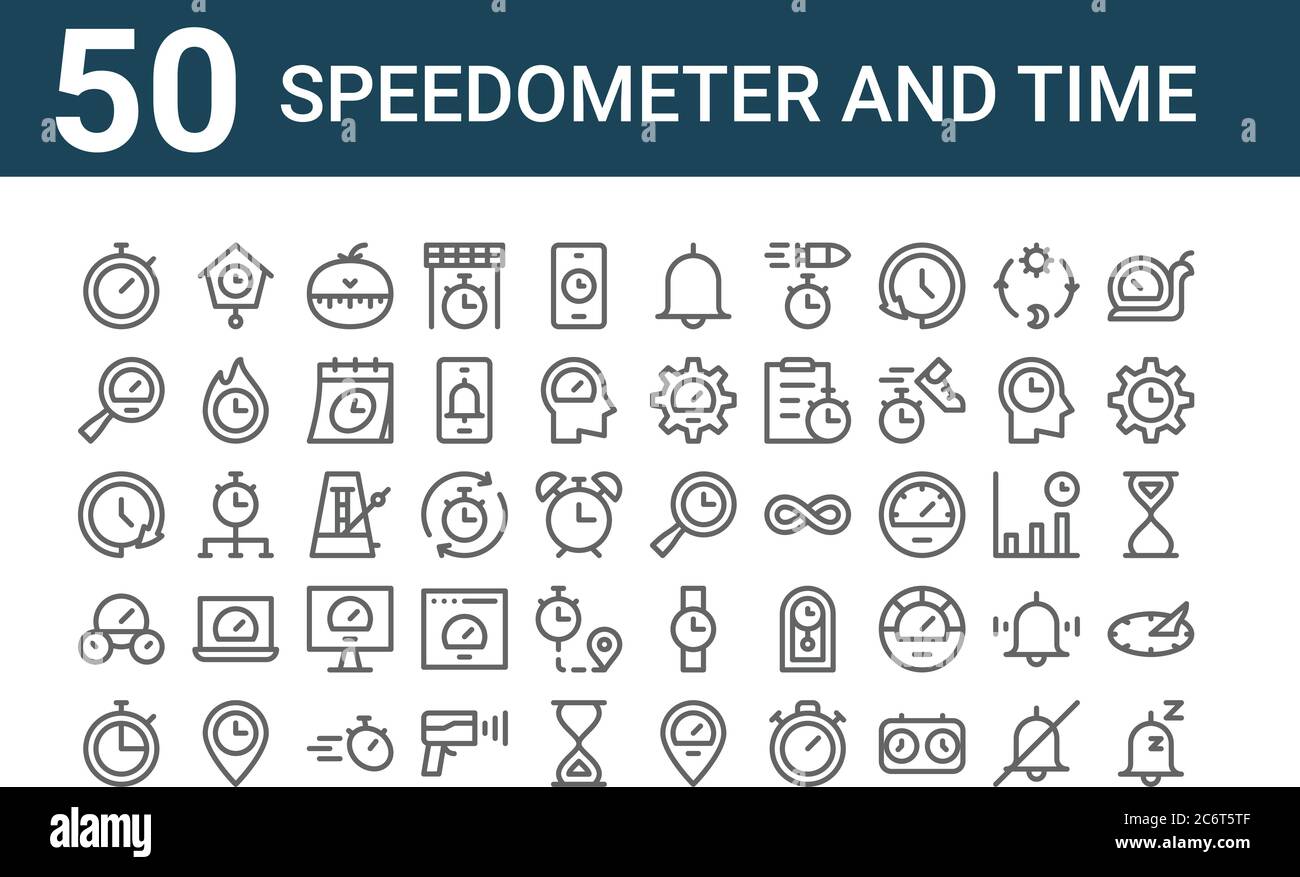 set of 50 speedometer and time icons. outline thin line icons such as sleeping, stopwatch, speedometer, clockwise, speedometer, clock, waiting, alarm, Stock Vector