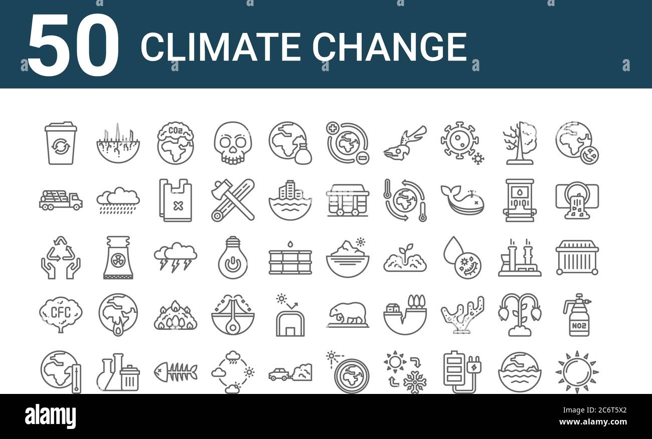set of 50 climate change icons. outline thin line icons such as sun, global warming, air pollution, recycle, truck, drought, south pole, earth, thunde Stock Vector