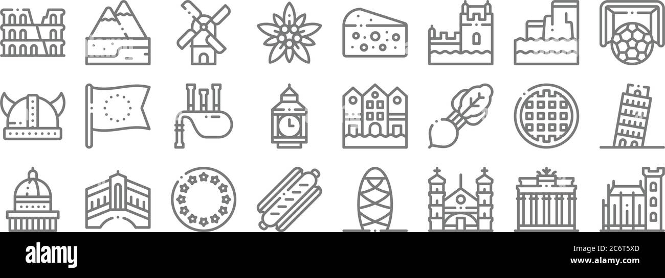 europe line icons. linear set. quality vector line set such as dublin castle, church, sausage, saint paul cathedral, waffle, bagpipes, soccer, roquefo Stock Vector