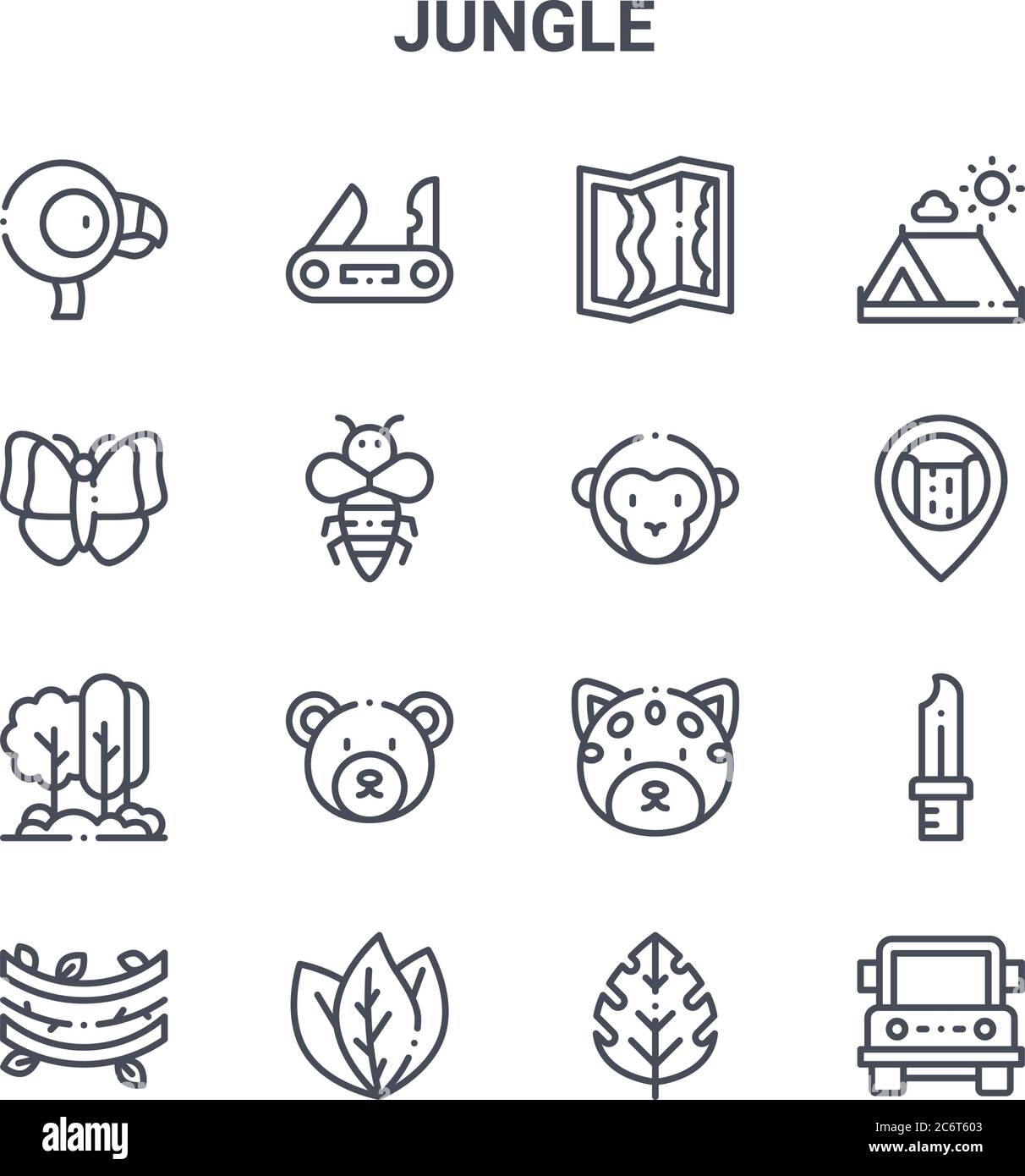 set of 16 jungle concept vector line icons. 64x64 thin stroke icons such as swiss knife, butterfly, waterfall, jaguar, leaves, jeep, leaf, monkey, cam Stock Vector