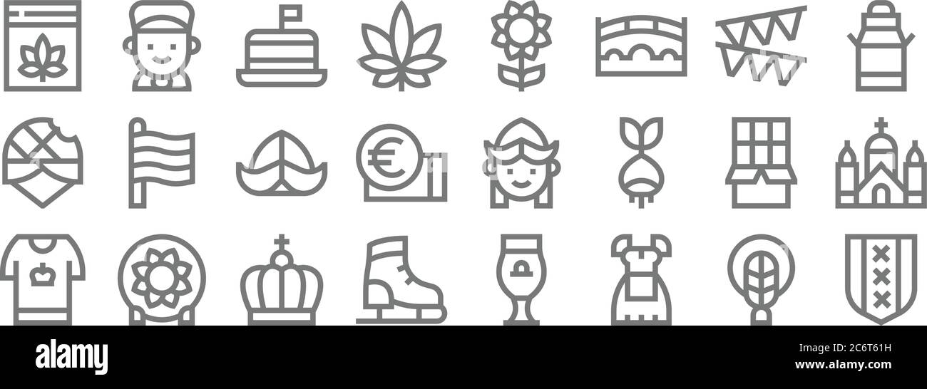 holland line icons. linear set. quality vector line set such as amsterdam, costume, ice skating shoes, t shirt, chocolate, hat, milk can, sunflower, b Stock Vector
