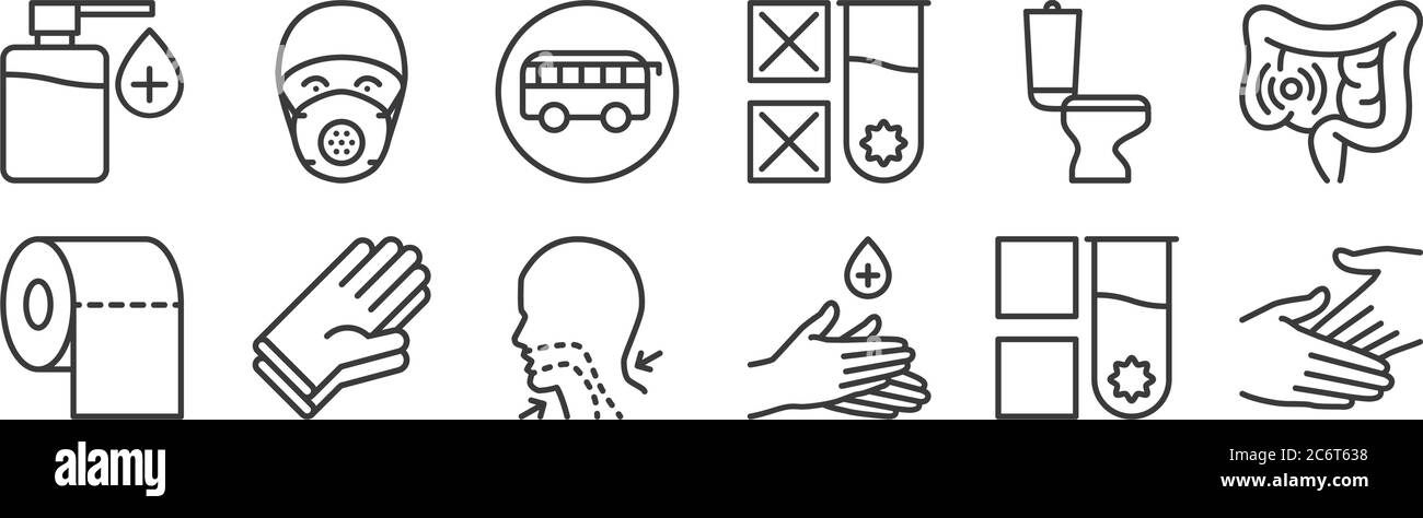 12 set of linear stop virus icons. thin outline icons such as hands ...