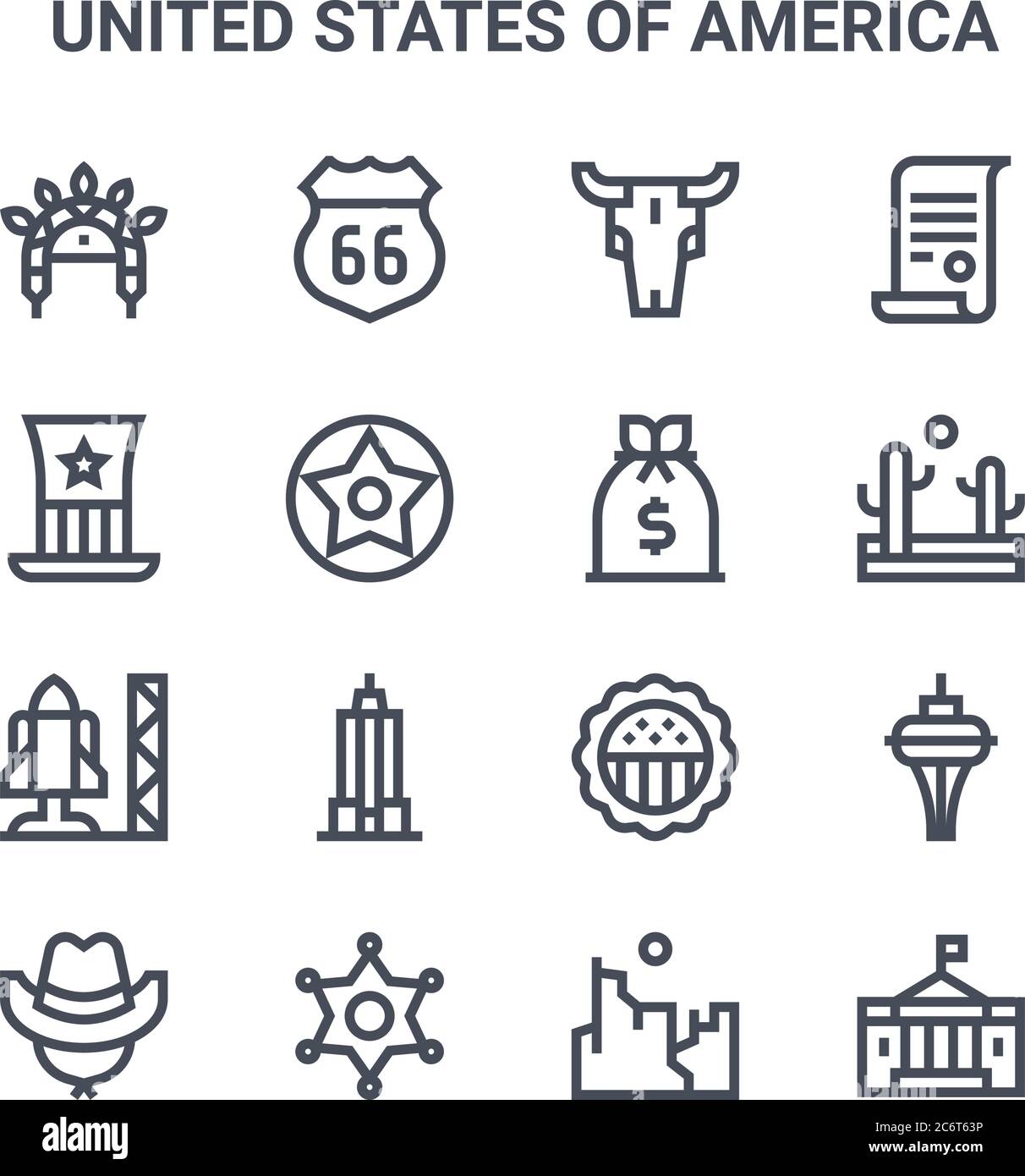 set of 16 united states of america concept vector line icons. 64x64 thin stroke icons such as route, usa, desert, american, sheriff badge, white house Stock Vector