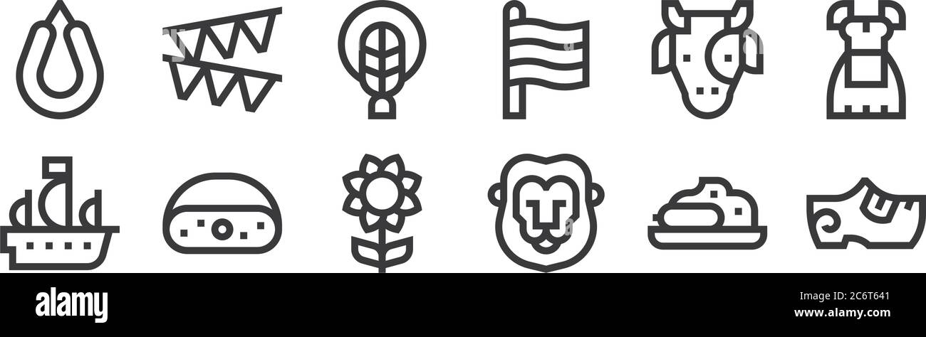 12 set of linear holland icons. thin outline icons such as clogs, lion, cheese, cow, braid, garland for web, mobile Stock Vector