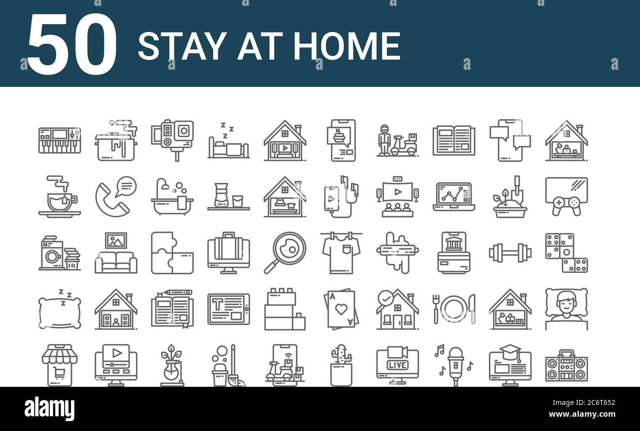 set of 50 stay at home icons. outline thin line icons such as radio, online shopping, pillow, washing machine, tea, cooking, laundry Stock Vector