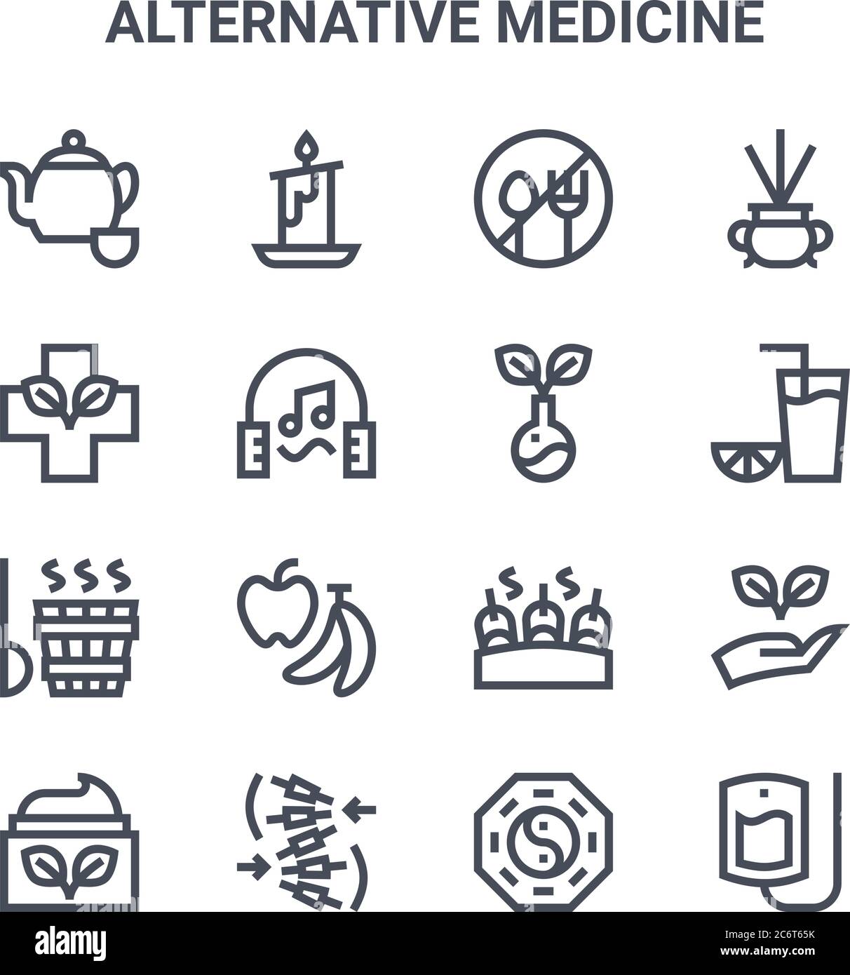 set of 16 alternative medicine concept vector line icons. 64x64 thin stroke icons such as candle, cross, orange juice, cupping, massage, iv bag, yin y Stock Vector