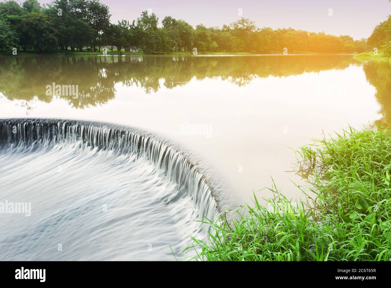 Landscape of the Bell mouth spillway on rain morning. Long exposure. Stock Photo