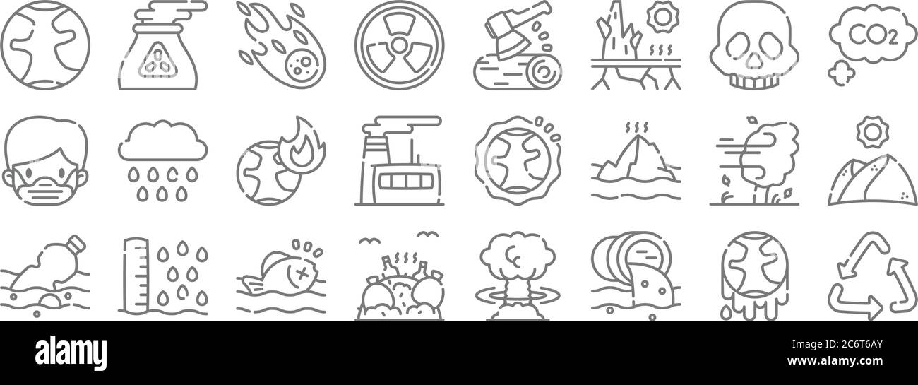 climate change line icons. linear set. quality vector line set such as recycle, water pollution, dump, water pollution, wind, global warming, co, defo Stock Vector