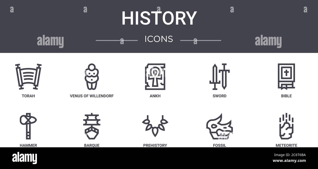 history concept line icons set. contains icons usable for web, logo, ui/ux such as venus of willendorf, sword, hammer, prehistory, fossil, meteorite, Stock Vector