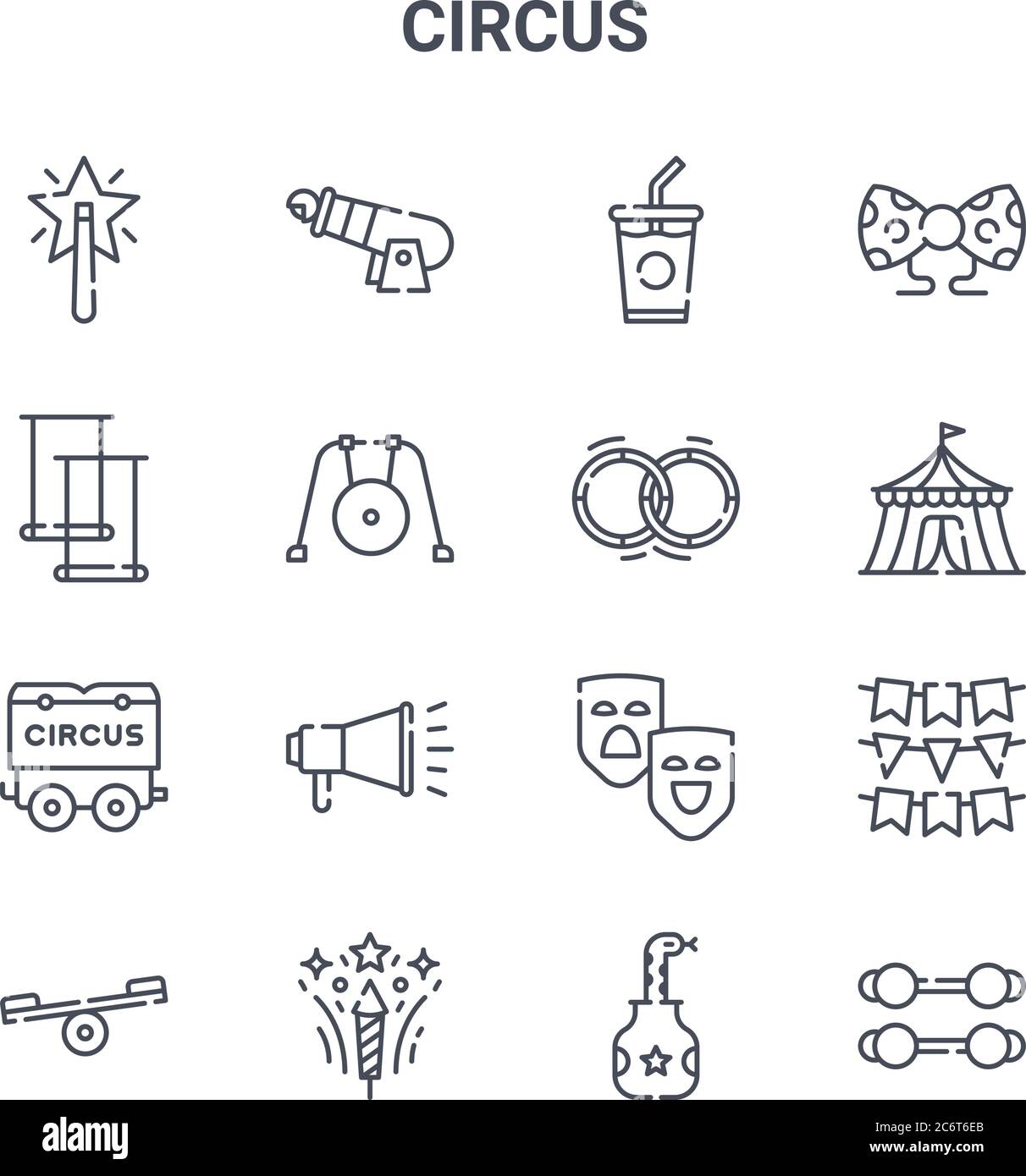 set of 16 circus concept vector line icons. 64x64 thin stroke icons such as human cannonball, trapeze, circus, theater, fireworks, dumbbells, snake, h Stock Vector