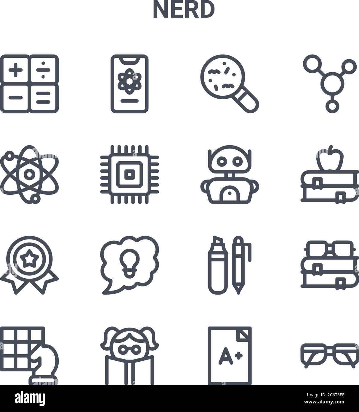 set of 16 nerd concept vector line icons. 64x64 thin stroke icons such as molecule, atoms, books, pen, girl, nerd, exam, robot, molecules Stock Vector