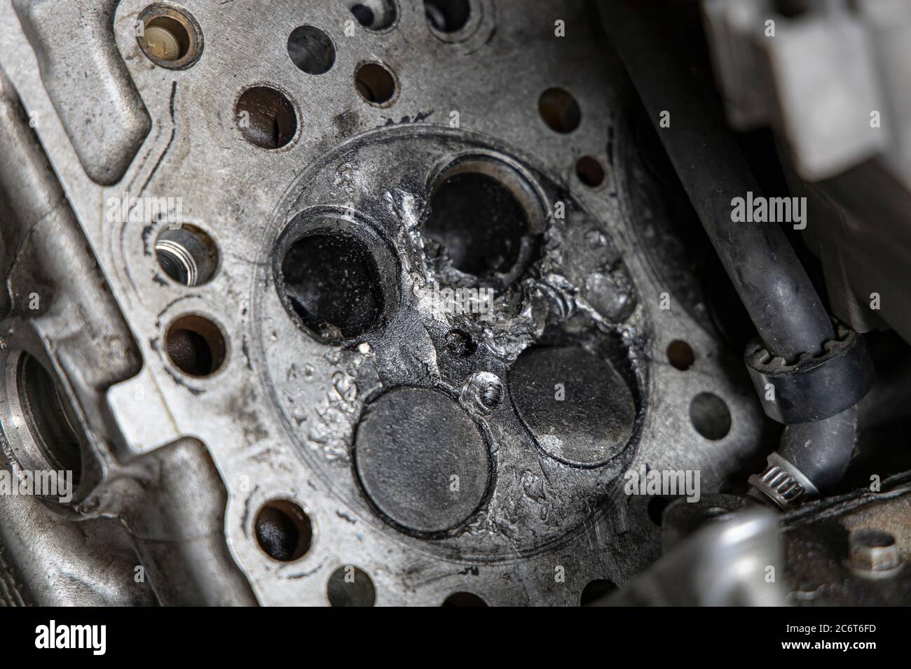 Close up cylinder head car of engine is broken. Stock Photo