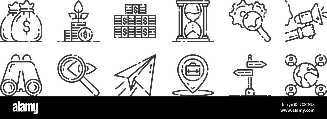 12 set of linear startup icons. thin outline icons such as social ...