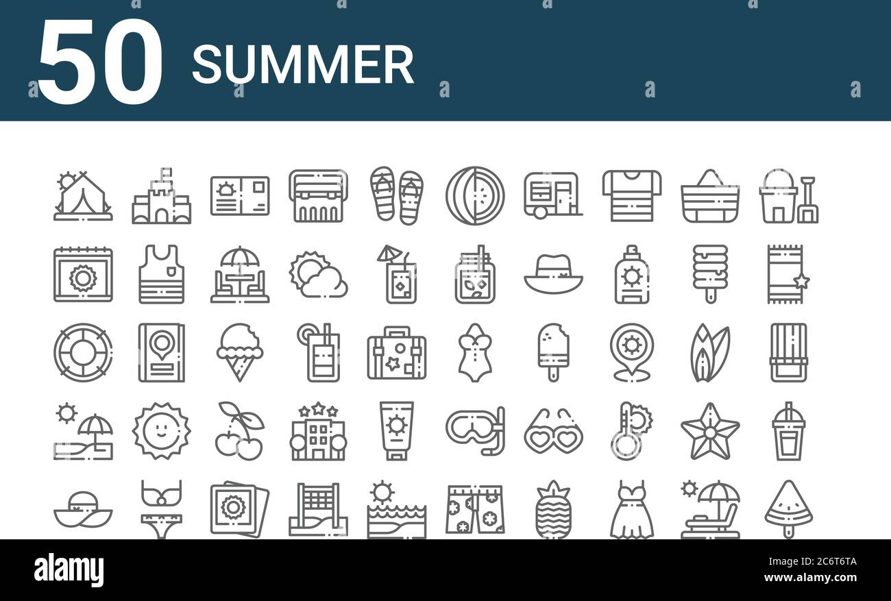 set of 50 summer icons. outline thin line icons such as popsicle ...