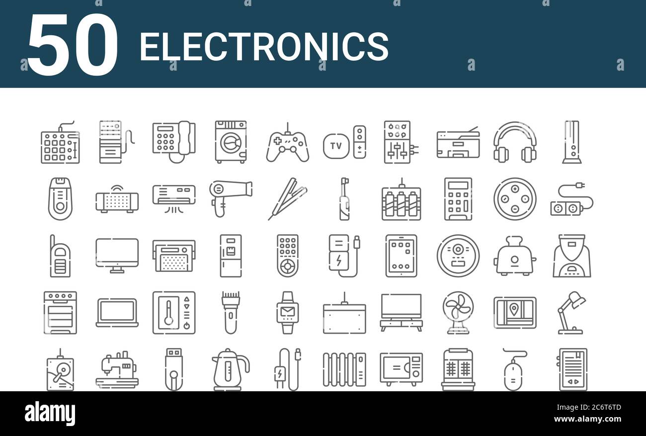 set of 50 electronics icons. outline thin line icons such as ebook, hard drive, oven, walkie talkie, razor, computer tower, power bank, remote control Stock Vector