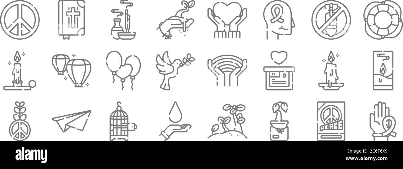 hope line icons. linear set. quality vector line set such as ribbon, sprout, blood donation, peace, candle, balloons, lifebuoy, love, bible Stock Vector