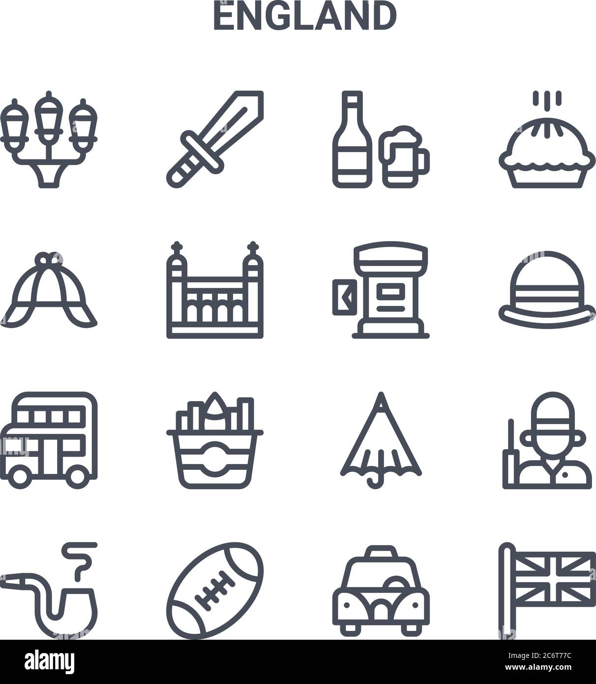 set of 16 england concept vector line icons. 64x64 thin stroke icons such as sword, detective hat, bowler hat, umbrella, rugby ball, union jack, taxi, Stock Vector