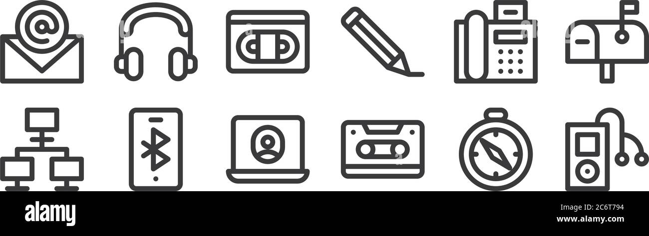 12 set of linear communication and media icons. thin outline icons such ...