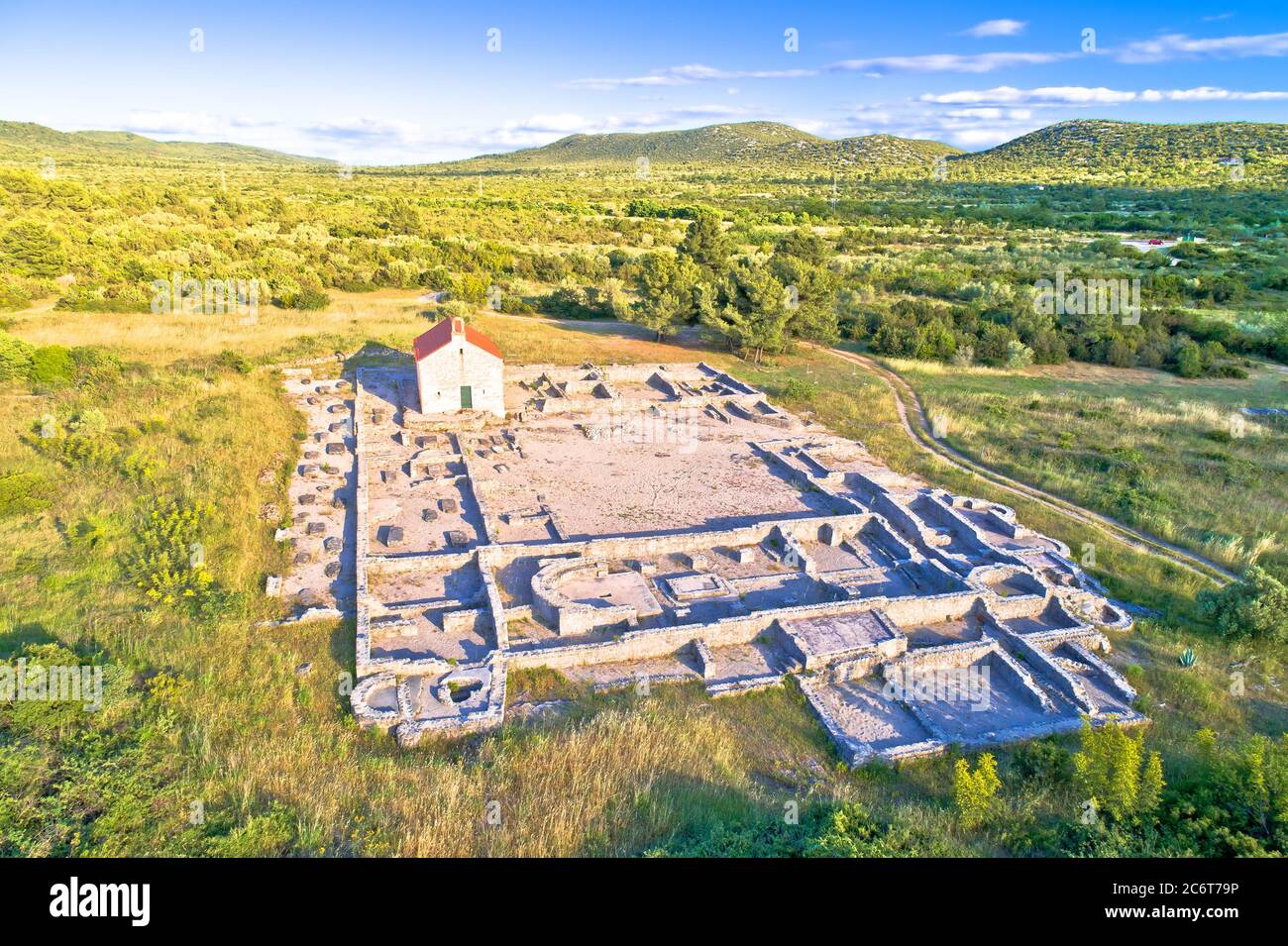Pirovac. Ivinj archeological site with Saint Martin Church aerial view, Dalmatia region of Croatia Stock Photo