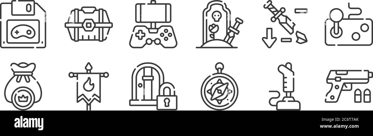 12 set of linear videogame icons. thin outline icons such as gun, compass, banner, nerf, mobile game, loot box for web, mobile Stock Vector