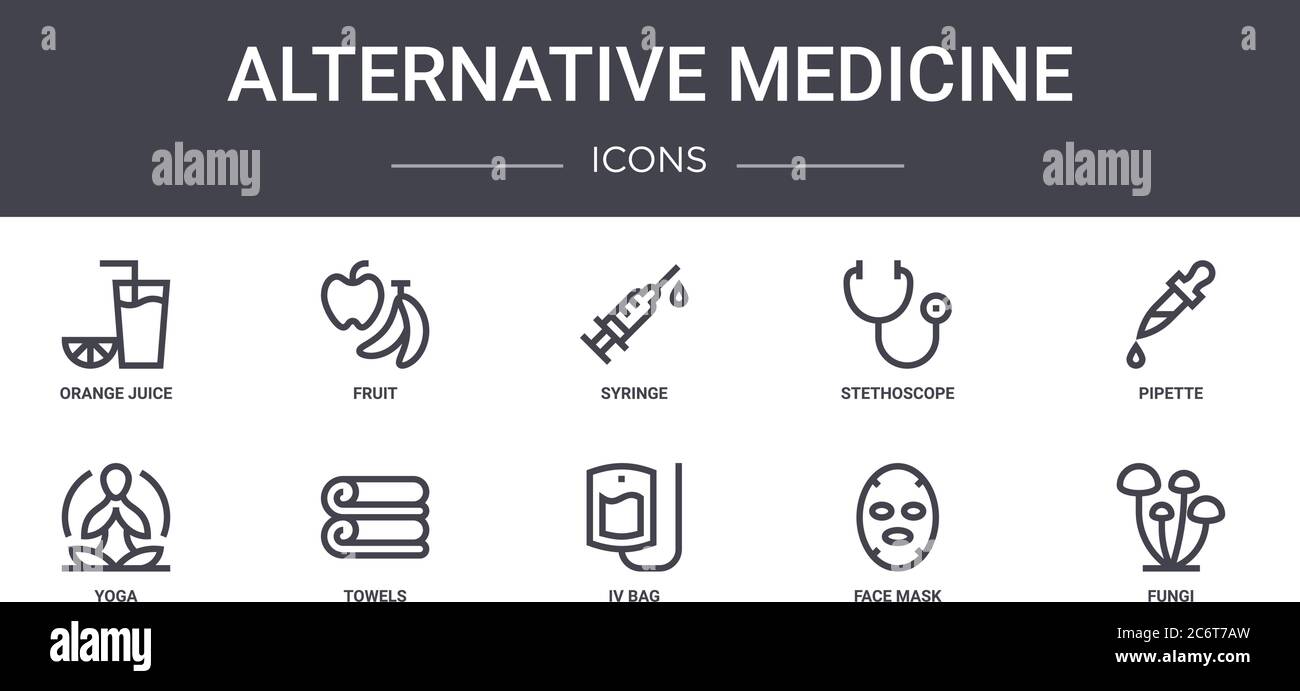 alternative medicine concept line icons set. contains icons usable for web, logo, ui/ux such as fruit, stethoscope, yoga, iv bag, face mask, fungi, pi Stock Vector