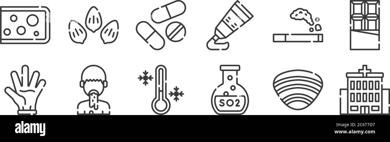 12 set of linear allergies icons. thin outline icons such as hospital, sulfite, puke, cigarette, pills, sesame for web, mobile Stock Vector