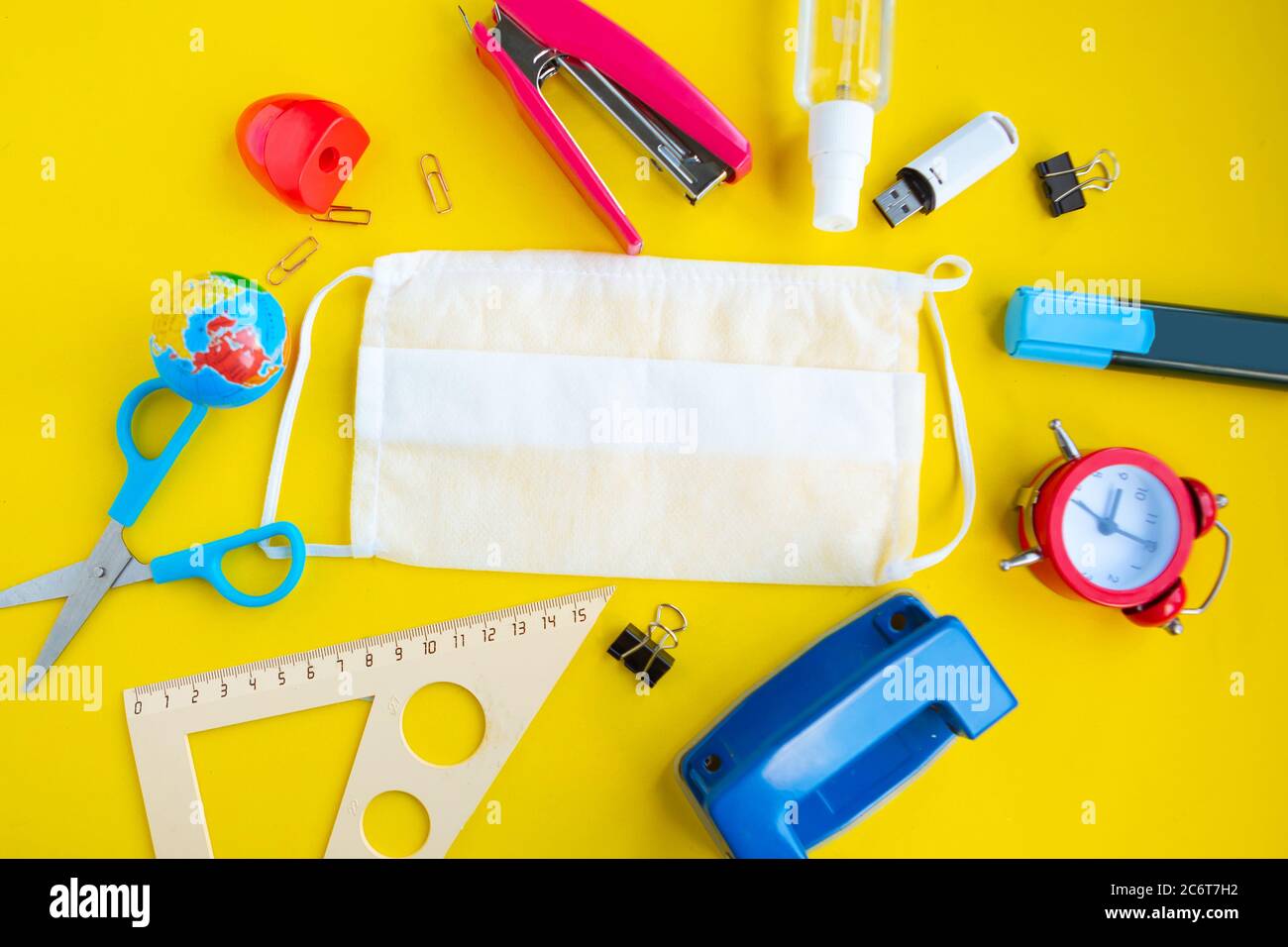 Download School Supplies And Medical Mask On Bright Yellow Background Back To School Concept School Quarantine Concept Stock Photo Alamy PSD Mockup Templates