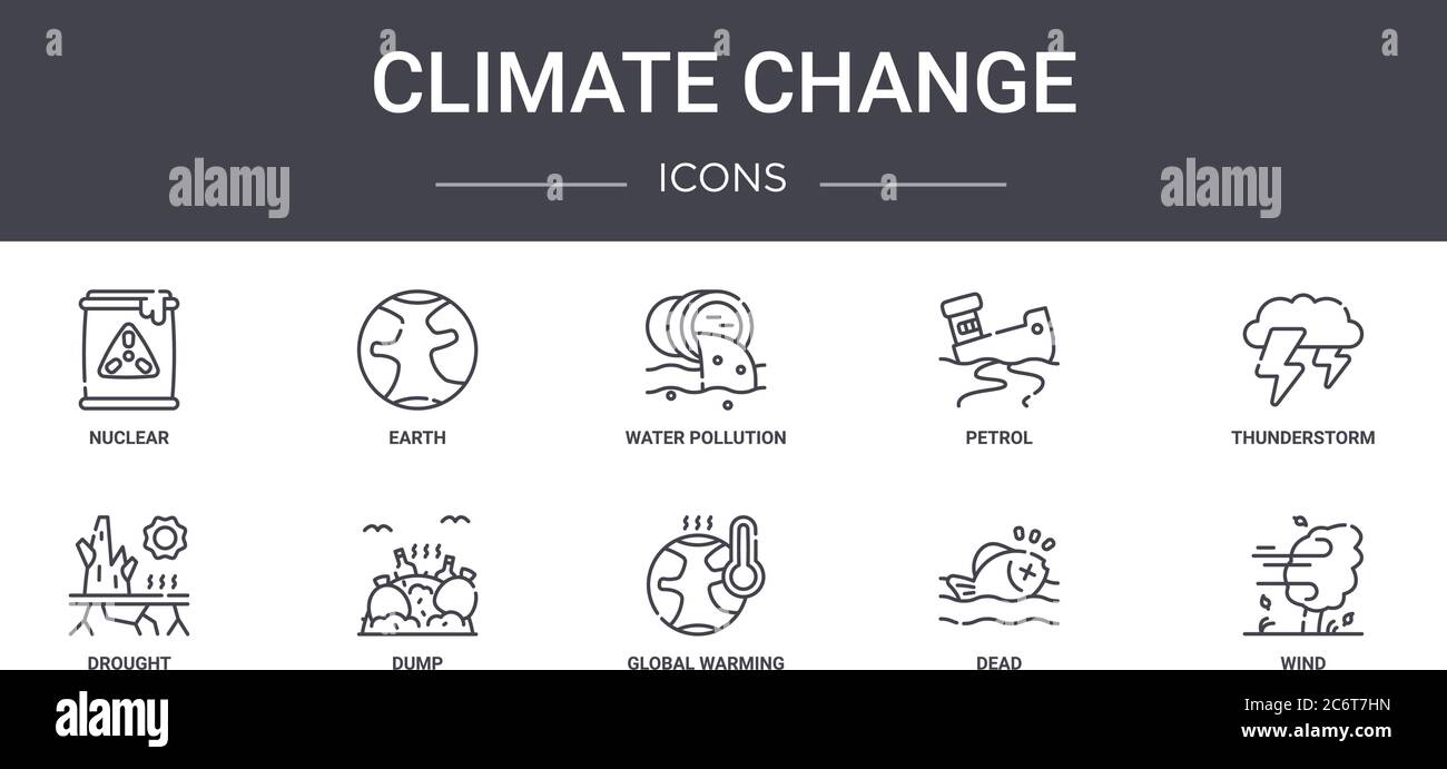climate change concept line icons set. contains icons usable for web, logo, ui/ux such as earth, petrol, drought, global warming, dead, wind, thunders Stock Vector