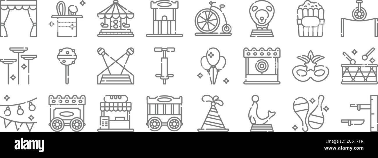 circus line icons. linear set. quality vector line set such as throwing, seal, cage, decoration, mask, spotlight, balancing, bicycle, magic show Stock Vector